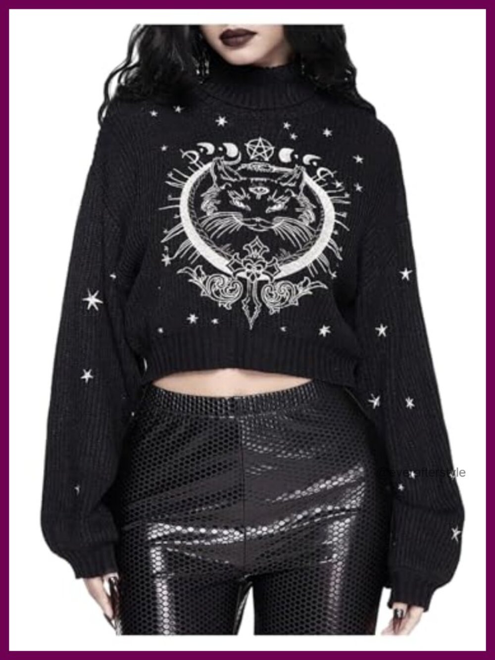 Gothic Grunge Cat Graphic High Neck Long Sleeve Crop Pullover Sweater